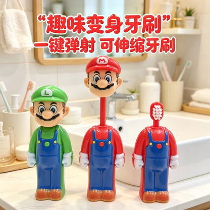 Super Mario Kids Pop-Up Toothbrush with Protective Cap | Portable Cartoon Manual Toothbrush for Boys & Girls | Soft Bristle Travel Toothbrush for Children