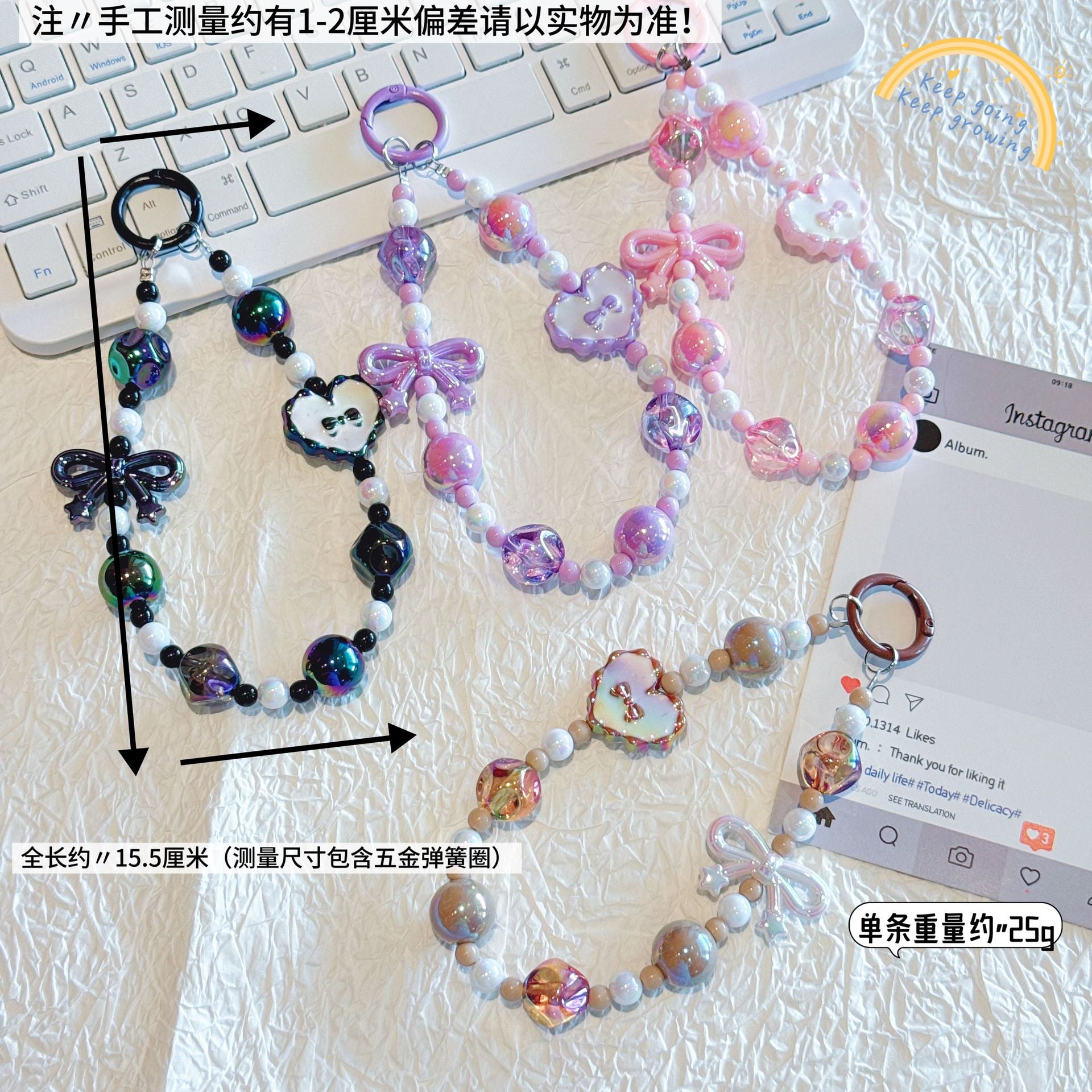 Kawaii Beaded Phone Strap Charm with Hanging Card – Cute Heart & Bow Beads Wrist Lanyard for Mobile, Keychain, AirPods