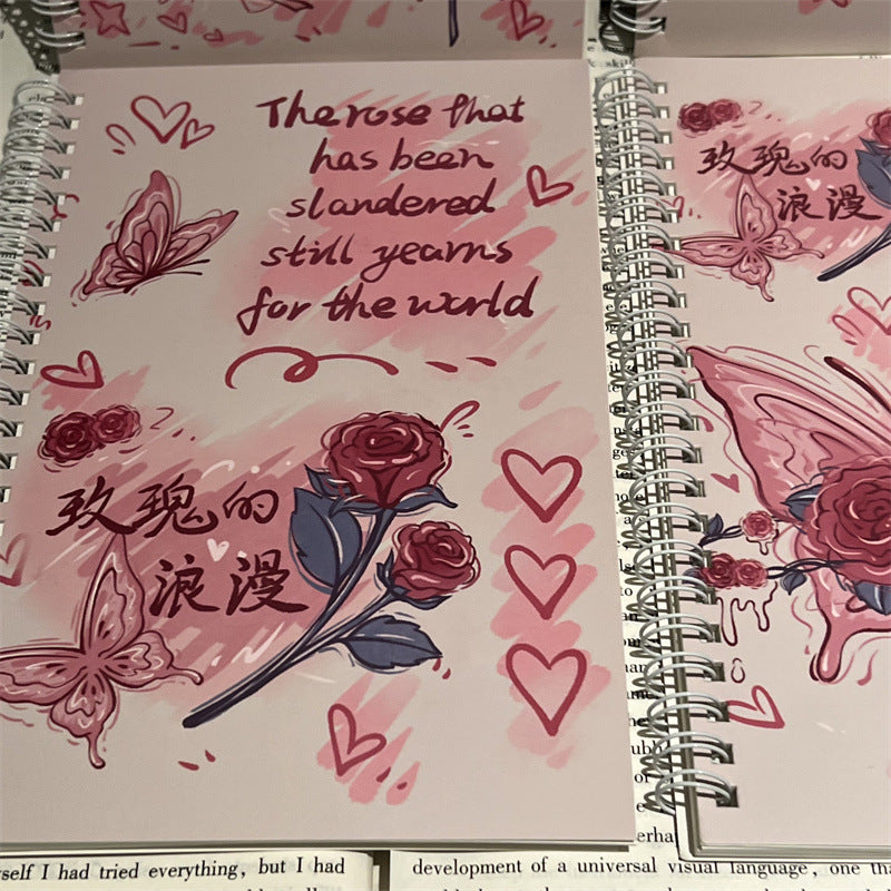 Kawaii Rose Butterfly Spiral Notebook – Aesthetic Pink Journal (Single Piece)