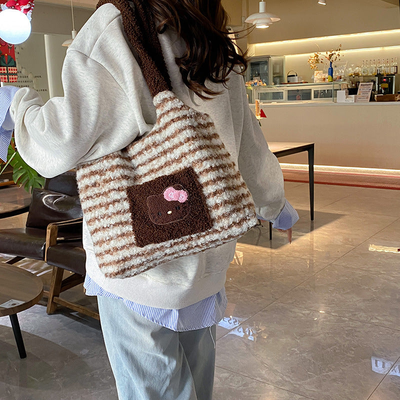 Kawaii Hello Kitty Plush Tote Bag – Soft Striped Shoulder Handbag for Girls | Cute Furry Mini Tote Purse (Pink & Brown)