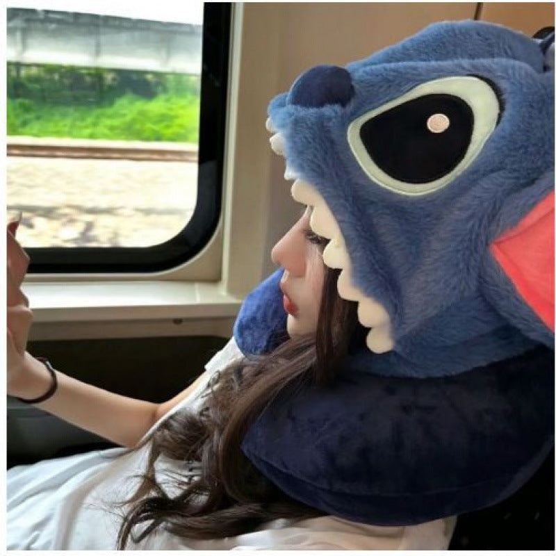 Stitch Plush Travel Neck Pillow with Hoodie Cap – Cute Cartoon U-Shaped Soft Neck Cushion for Car, Flight & Home Use