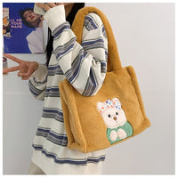 Kawaii Plush Tote Bag – Cute Cartoon Embroidery Shoulder Bag for Girls & Women