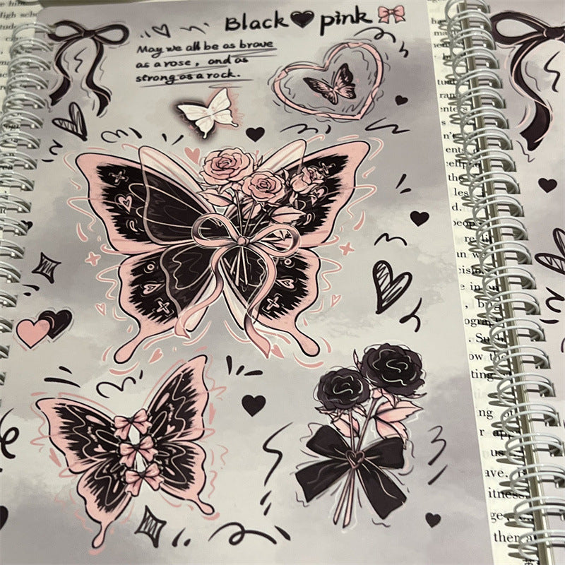 Kawaii Black Pink Butterfly Spiral Notebook – A5 Cute Rose & Heart Aesthetic Journal Diary for Girls (Single Piece)