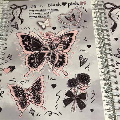 Kawaii Black Pink Butterfly Spiral Notebook – A5 Cute Rose & Heart Aesthetic Journal Diary for Girls (Single Piece)