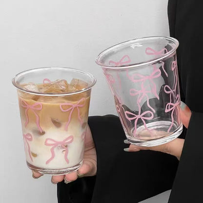 Kawaii Pink Bow Glass Tumbler Cup with Cute Ribbon Print | Aesthetic Drinking Glass for Iced Coffee, Milk, Juice, Bubble Tea & Smoothies | Transparent Glass Cup | Cute Gift for Girls