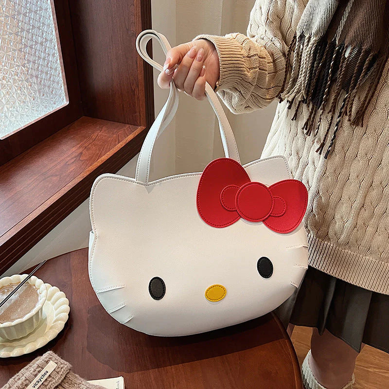 Hello Kitty Face Tote Bag with Detachable Hello Kitty Charm – Kawaii Girls Shoulder Bag, Cute Cartoon Handbag for Daily Use