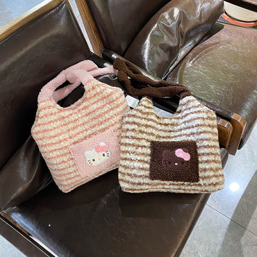 Kawaii Hello Kitty Plush Tote Bag – Soft Striped Shoulder Handbag for Girls | Cute Furry Mini Tote Purse (Pink & Brown)