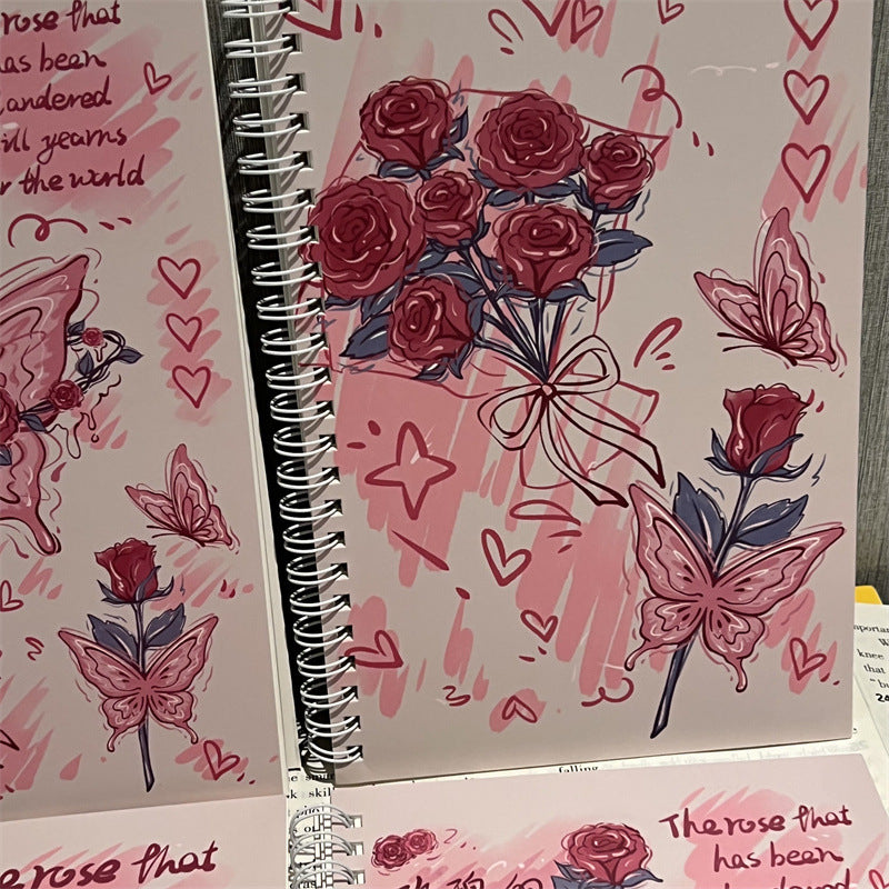 Kawaii Rose Butterfly Spiral Notebook – Aesthetic Pink Journal (Single Piece)