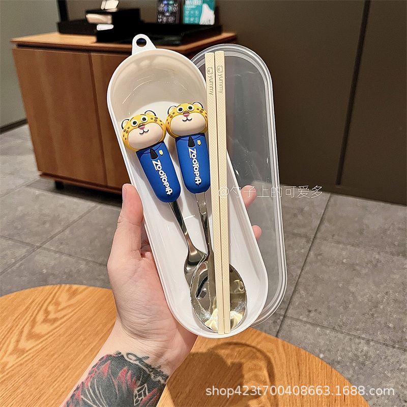 Zootopia Cartoon Character Cutlery Set with Case – Nick Wilde, Judy Hopps, Flash Sloth, Clawhauser & Bellwether Portable Spoon Fork Chopsticks Lunch Set