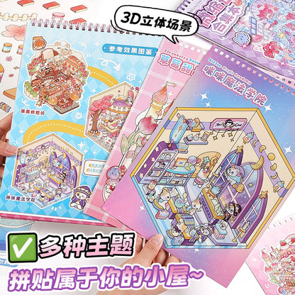 DIY 3D Kawaii Mini House Sticker Book Set of 3 – Creative Scene Building Scrapbook Activity Kit | Cute Room Decoration & Puzzle Craft Book for Kids, Teens & Adults