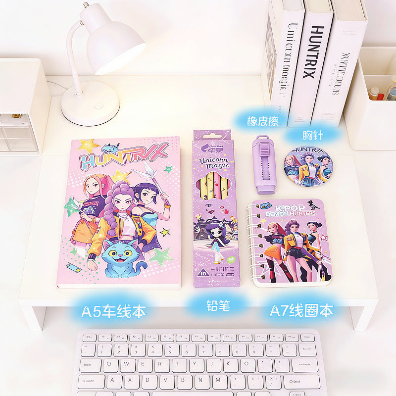 KPOP Demon Hunters Stationery Set – Cute School Supplies Kit with Notebook, Pencil Set, Eraser, Sharpener & Keychain | Aesthetic Gift Set for Kids & Teens