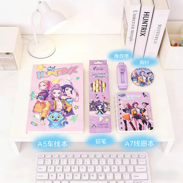 KPOP Demon Hunters Stationery Set – Cute School Supplies Kit with Notebook, Pencil Set, Eraser, Sharpener & Keychain | Aesthetic Gift Set for Kids & Teens