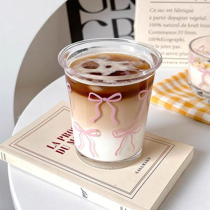 Kawaii Pink Bow Glass Tumbler Cup with Cute Ribbon Print | Aesthetic Drinking Glass for Iced Coffee, Milk, Juice, Bubble Tea & Smoothies | Transparent Glass Cup | Cute Gift for Girls