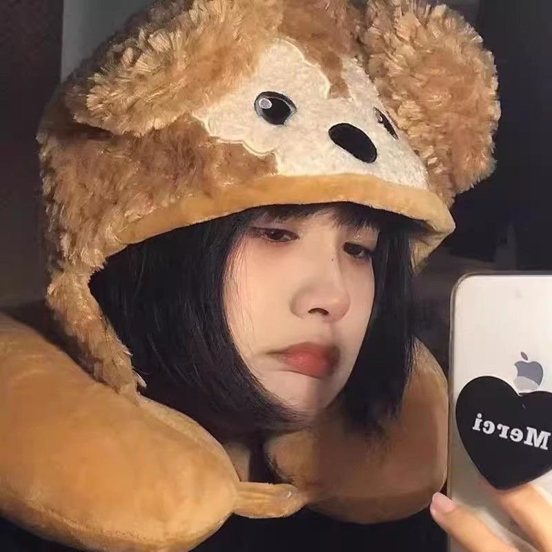 Kawaii Bear Plush Travel Neck Pillow Hat – Cute Cartoon Winter Cap with U-Shaped Neck Cushion | Soft Teddy Ear Cosplay Hoodie Cap for Girls