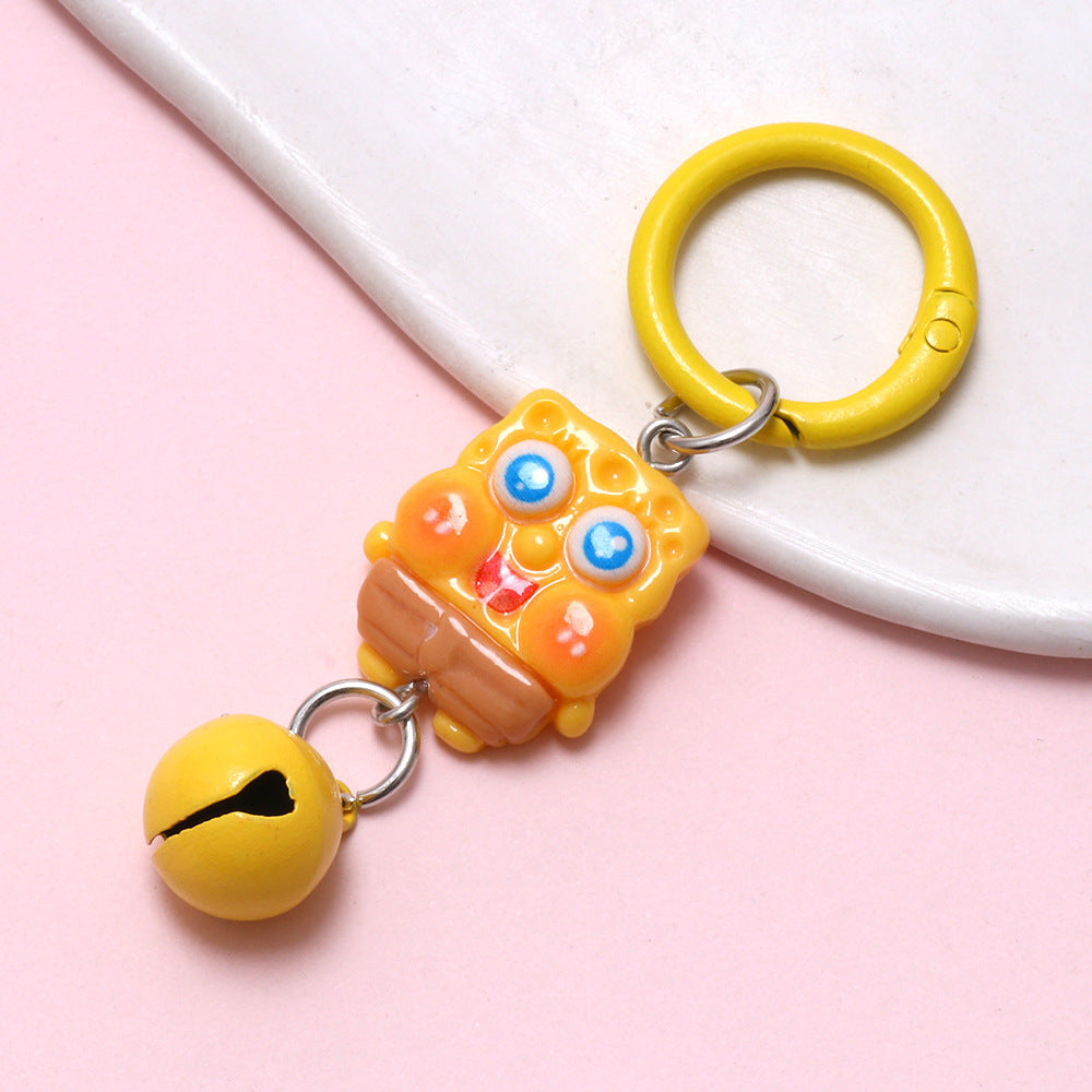 Kawaii SpongeBob & Patrick Keychain Set (3PCS) – Cute Cartoon Bag Charms with Jingle Bells for Kids & Girls