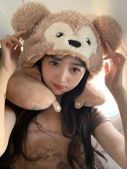 Kawaii Bear Plush Travel Neck Pillow Hat – Cute Cartoon Winter Cap with U-Shaped Neck Cushion | Soft Teddy Ear Cosplay Hoodie Cap for Girls