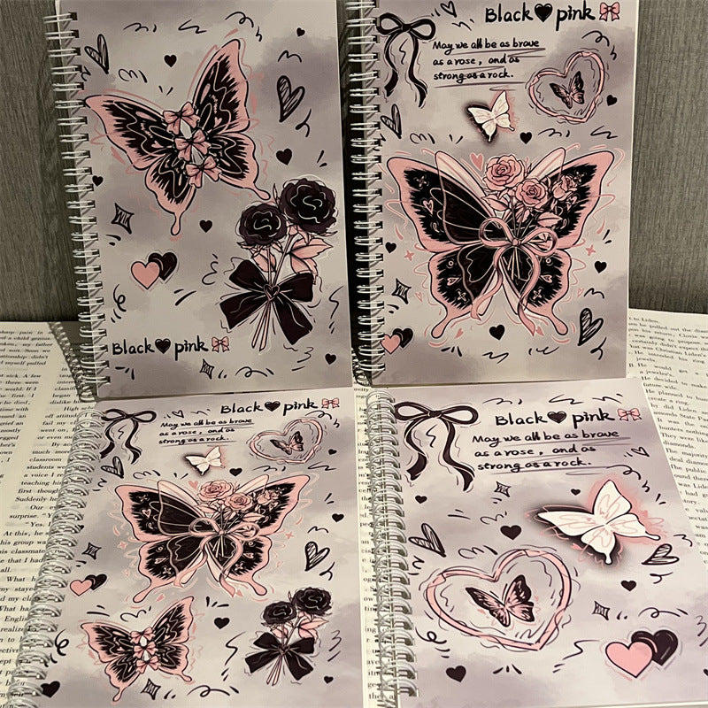 Kawaii Black Pink Butterfly Spiral Notebook – A5 Cute Rose & Heart Aesthetic Journal Diary for Girls (Single Piece)