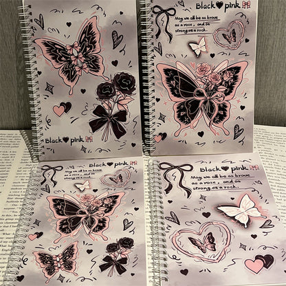 Kawaii Black Pink Butterfly Spiral Notebook – A5 Cute Rose & Heart Aesthetic Journal Diary for Girls (Single Piece)