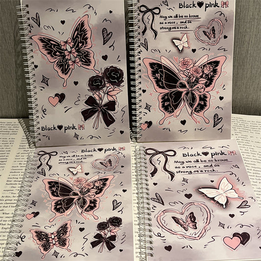 Kawaii Black Pink Butterfly Spiral Notebook – A5 Cute Rose & Heart Aesthetic Journal Diary for Girls (Single Piece)
