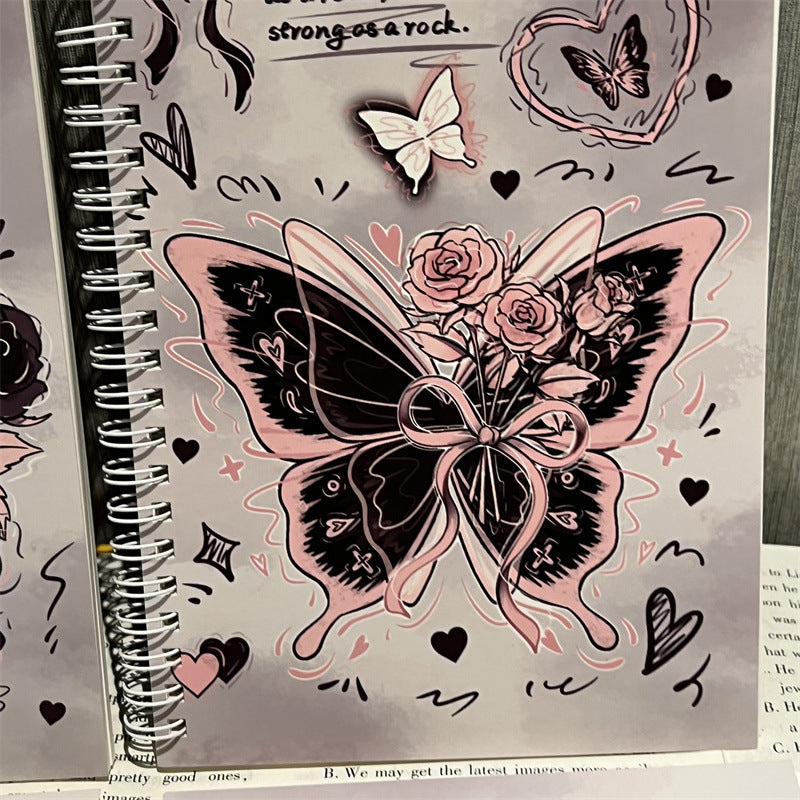 Kawaii Black Pink Butterfly Spiral Notebook – A5 Cute Rose & Heart Aesthetic Journal Diary for Girls (Single Piece)
