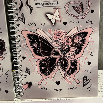 Kawaii Black Pink Butterfly Spiral Notebook – A5 Cute Rose & Heart Aesthetic Journal Diary for Girls (Single Piece)