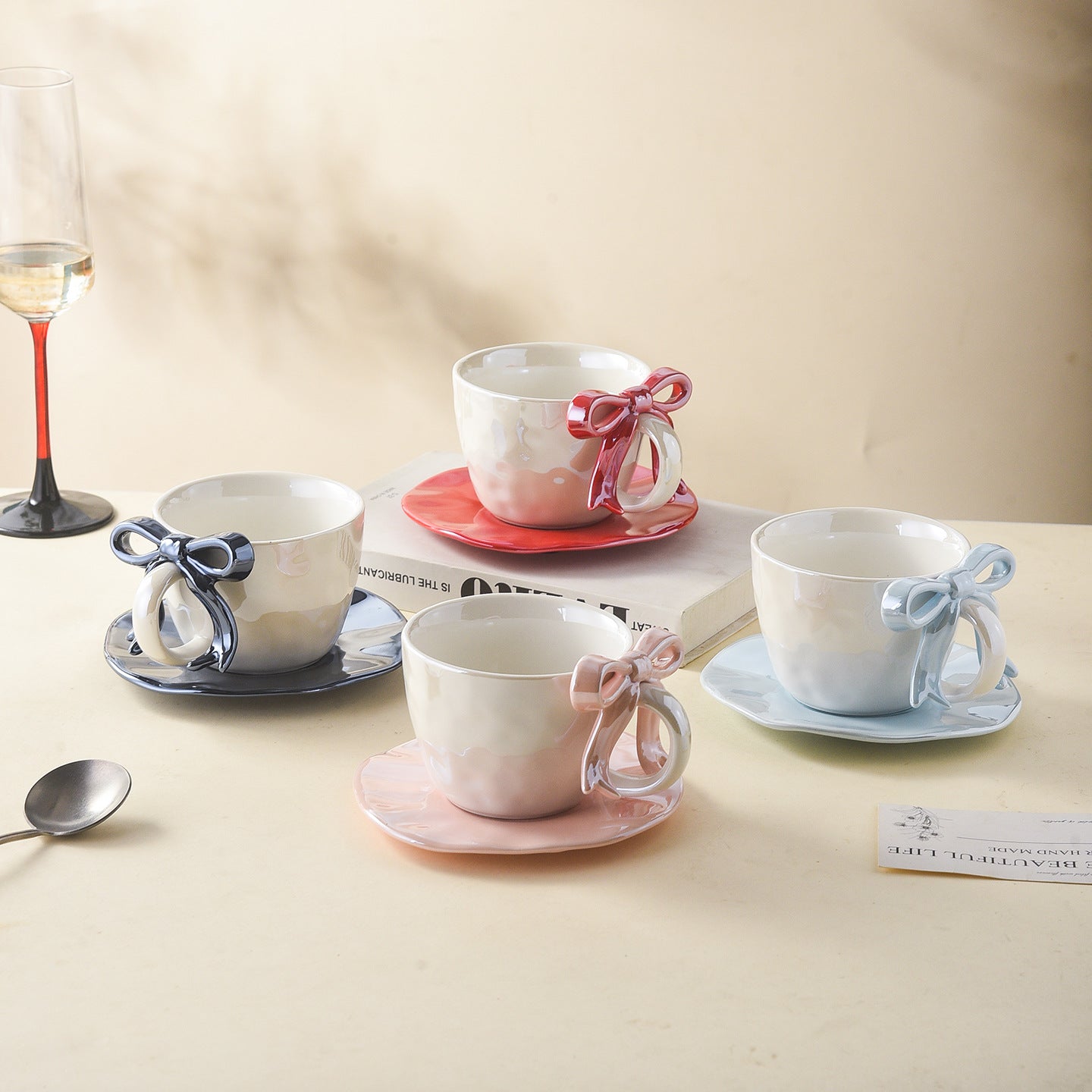Premium Bow Handle Ceramic Coffee Mug with Saucer Set | 300ml Pearl Glaze Tea Cup | Cute Aesthetic Cappuccino Mug | Korean Style Gift Mug