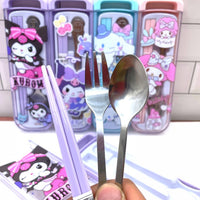 Sanrio Cute Portable Cutlery Set with Case – Kuromi / My Melody / Cinnamoroll Kids Lunch Spoon Fork Chopsticks Travel Set