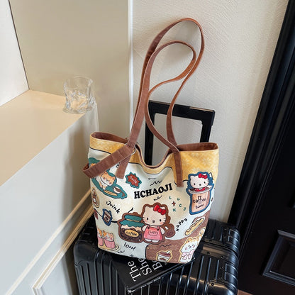 Hello Kitty Kawaii Canvas Tote Bag for Women – Cute Shoulder Handbag with Coffee Theme Print | Large Capacity Everyday Shopper Bag