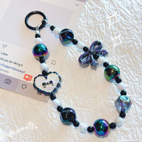 Kawaii Beaded Phone Strap Charm with Hanging Card – Cute Heart & Bow Beads Wrist Lanyard for Mobile, Keychain, AirPods