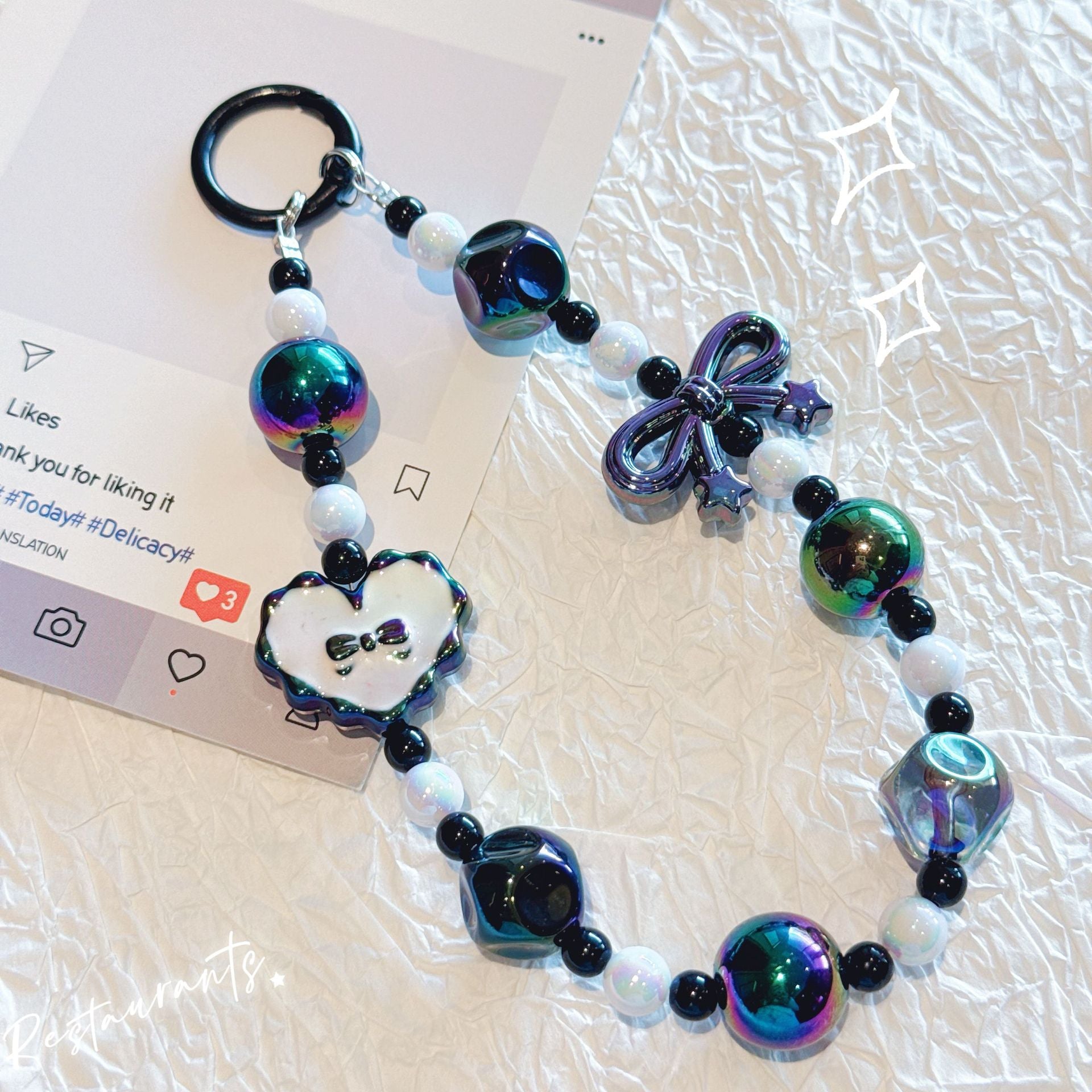 Kawaii Beaded Phone Strap Charm with Hanging Card – Cute Heart & Bow Beads Wrist Lanyard for Mobile, Keychain, AirPods