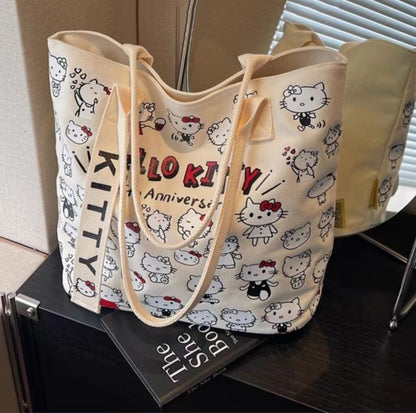 Hello Kitty 45th Anniversary Printed Canvas Tote Bag | Cute Kawaii Shoulder Bag for Girls & Women