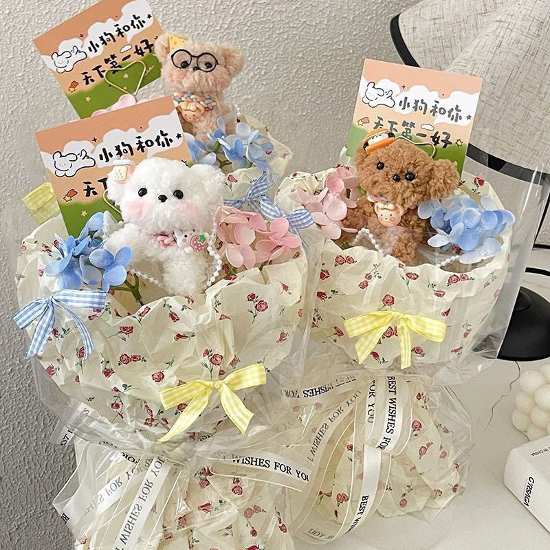 Kawaii Plush Puppy Flower Bouquet | Cute Dog Doll Floral Gift Bouquet with Ribbons | Korean Aesthetic Birthday Gift for Girls & Women