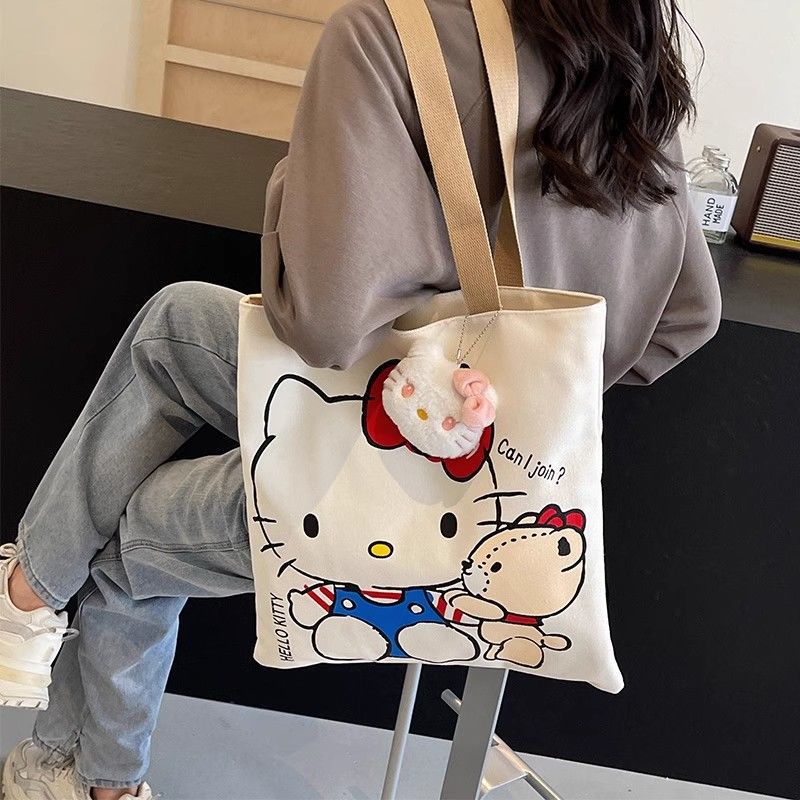 Hello Kitty Kawaii Canvas Tote Bag with Plush Charm – Cute Aesthetic Shoulder Handbag for Girls & Women