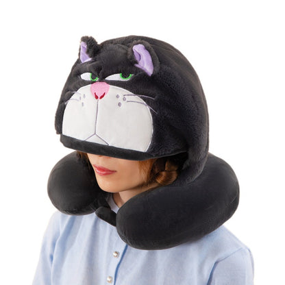 Kawaii Angry Cat U-Shaped Travel Neck Pillow with Hood – Soft Plush Cartoon Neck Support Cushion for Kids & Adults (Grey Cat Design)