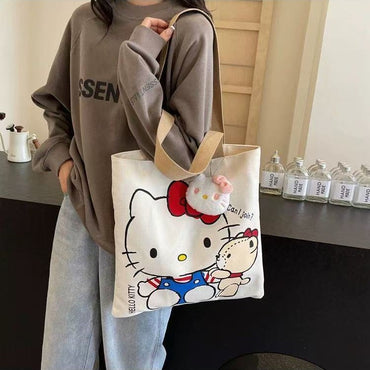 Hello Kitty Kawaii Canvas Tote Bag with Plush Charm – Cute Aesthetic Shoulder Handbag for Girls & Women