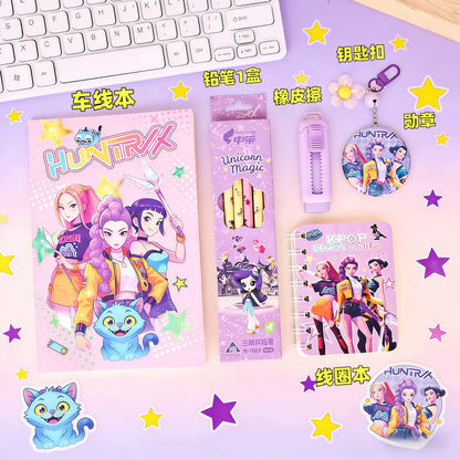 KPOP Demon Hunters Stationery Set – Cute School Supplies Kit with Notebook, Pencil Set, Eraser, Sharpener & Keychain | Aesthetic Gift Set for Kids & Teens