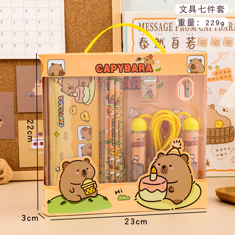 Kuromi & Capybara Kawaii Stationery Gift Set – Cute Cartoon Study Kit with Pencil, Ruler, Eraser, Sharpener & Jump Rope (7-in-1)