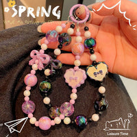Kawaii Beaded Phone Strap Charm with Hanging Card – Cute Heart & Bow Beads Wrist Lanyard for Mobile, Keychain, AirPods