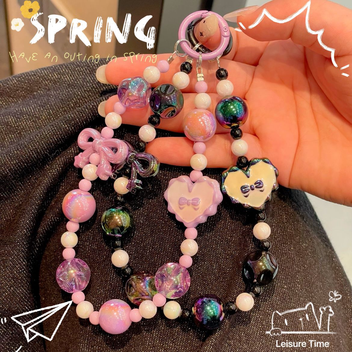 Kawaii Beaded Phone Strap Charm with Hanging Card – Cute Heart & Bow Beads Wrist Lanyard for Mobile, Keychain, AirPods