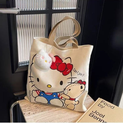 Hello Kitty Kawaii Canvas Tote Bag with Plush Charm – Cute Aesthetic Shoulder Handbag for Girls & Women