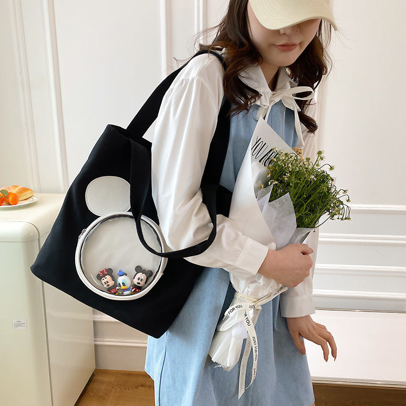 Disney Mickey Mouse Transparent Pocket Tote Bag – Kawaii Canvas Shoulder Bag for Women & Girls | Cute Korean Style Large Capacity Handbag
