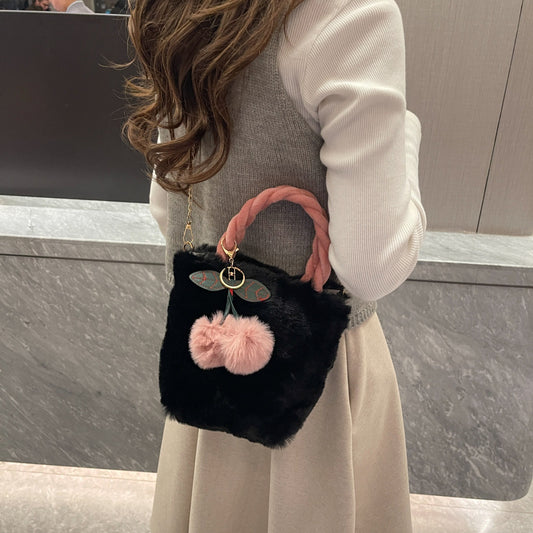 Kawaii Cherry Fluffy Fur Handbag – Cute Plush Crossbody Shoulder Bag with Pom Pom Charm for Girls & Women