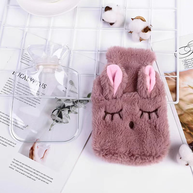 Kawaii Bunny Plush Hot Water Bottle 500ml – Cute Soft Fur Warm Water Bag for Pain Relief, Winter Heating & Cozy Comfort