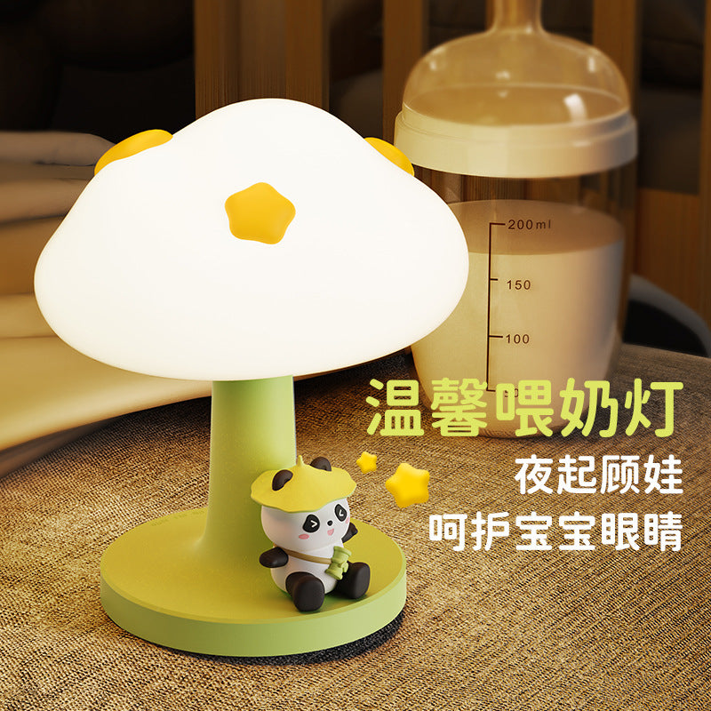 Kawaii Mushroom Table Lamp with Cute Panda Figurine – LED Night Light for Bedroom & Study