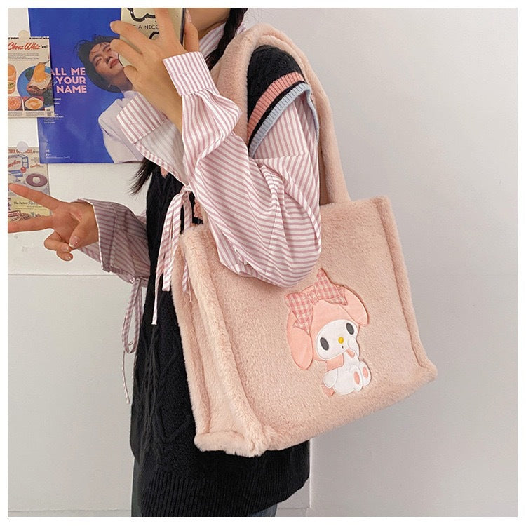 Kawaii Plush Tote Bag – Cute Cartoon Embroidery Shoulder Bag for Girls & Women