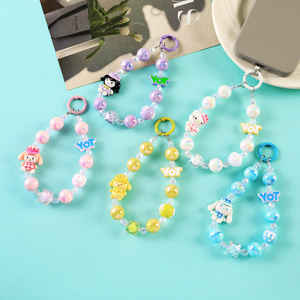 Kawaii Sanrio Beaded Phone Charm Bracelet with Hanging Card – Cute Mobile Strap Keychain for Girls (Cinnamoroll, Kuromi, My Melody, Hello Kitty, Pompompurin)