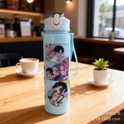700ml K-Pop Cartoon Water Bottle with Strap | Cute Korean Idol Design Leak-Proof Flip Lid Sipper Bottle for School, Travel & Daily Use