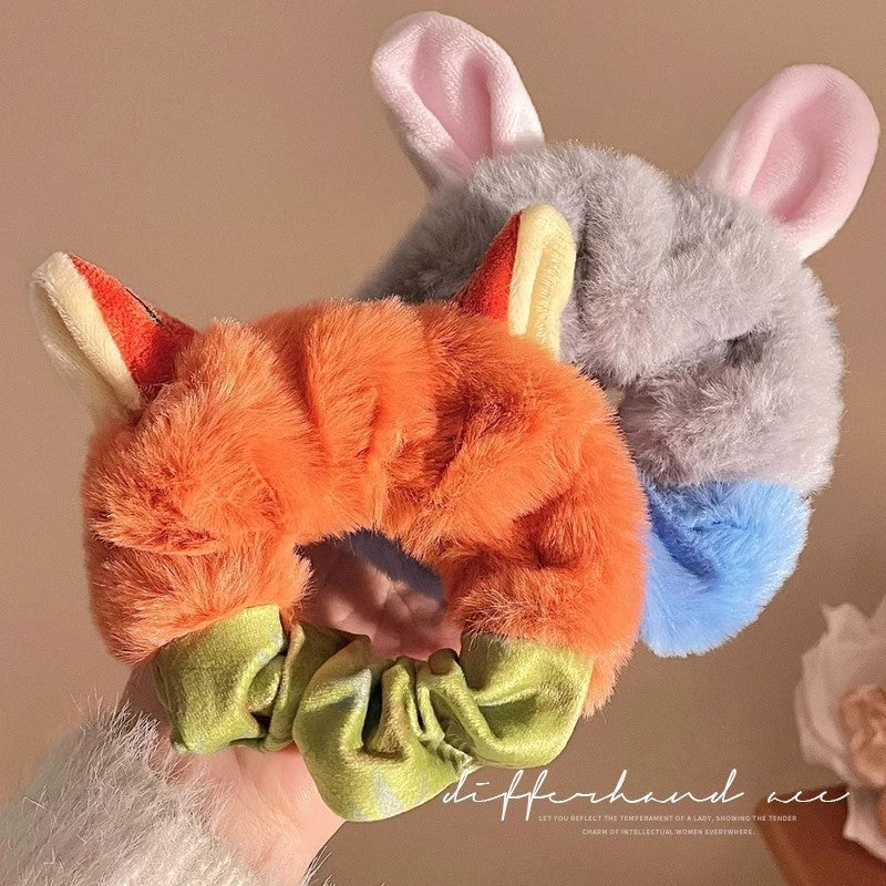 Kawaii Fox & Bunny Plush Hair Scrunchie (Set of 2) – Cute Furry Animal Ear Ponytail Holders for Girls & Women