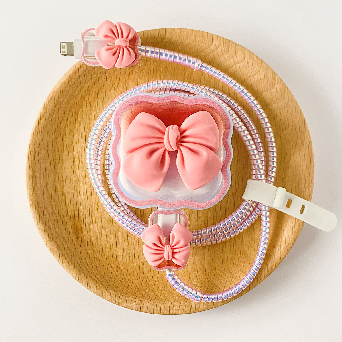 Kawaii Pink Bow Fast Charging USB Cable Protector Set – Cute Glitter Spiral iPhone Charger Cable with Bow Cable Organizer & Adapter Cover