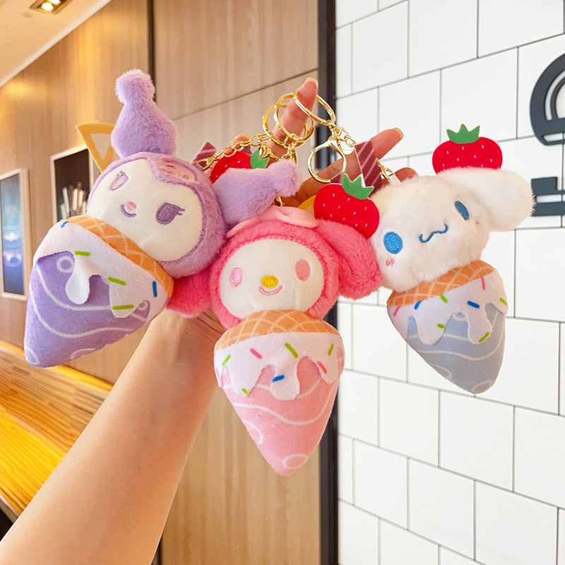 Kawaii Ice Cream Plush Keychain Set – My Melody, Cinnamoroll & Kuromi | Cute Sanrio-Inspired Soft Keychains